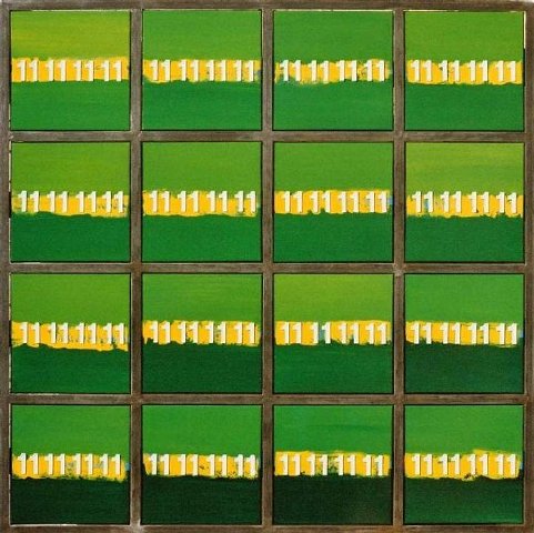 Numerischer Horizont, 1998, Öl a. Lnwd, 134x134 cm, 16 Tafeln à 30x30 cm in Stahlrahmen